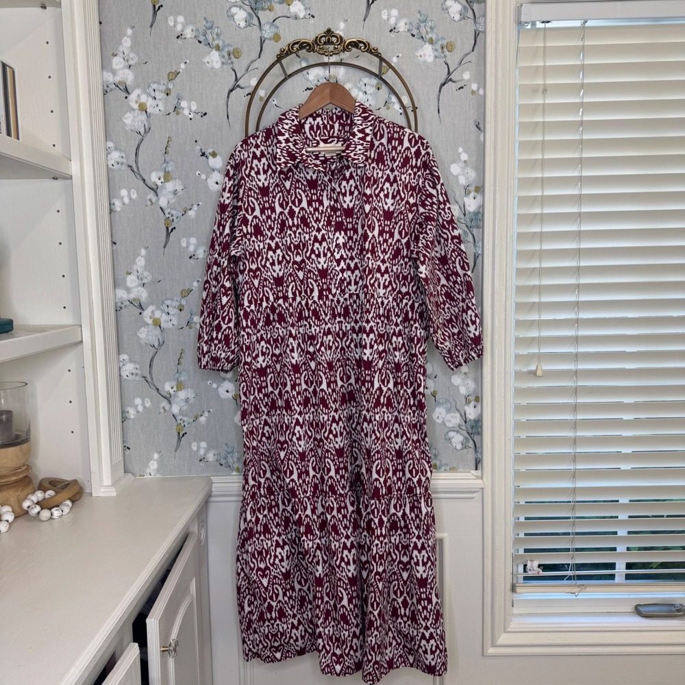 Maeve Anthropologie Burgundy White Ikat Tiered Shirt Dress Midi Large Womens